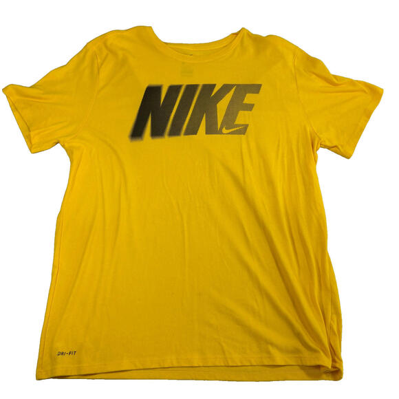 Nike Mens XL Dri-Fit T Shirt Yellow Athletic Cut Graphic Logo Tee Training Top - Picture 1 of 9